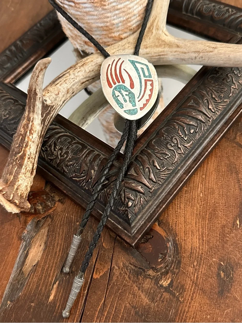 Southwest Nickel Silver Turquoise and Coral Chip Inlay Bolo Necklace Marked TT